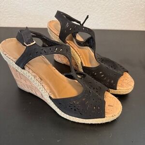Seychelles Wedge Sandals Women‎ Size 8 Black Laser Cut T-Strap Cork Espadrille